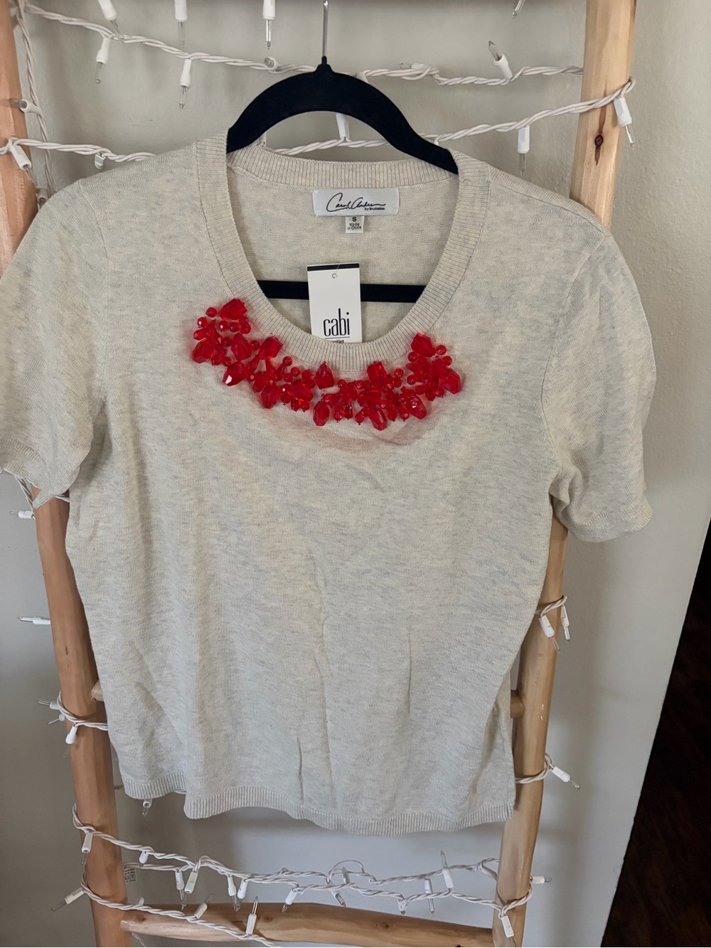 CAbi Cream Short-Sleeve Sweater with Red Beaded Necklace Detail